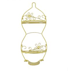 a gold metal vase with flowers on the top and bottom, sitting in front of a white background