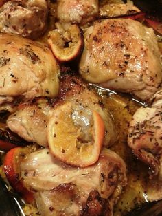 the chicken is cooked and ready to be eaten with lemons, peppers, and spices