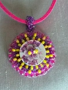 £14.00  Bead and button embroidery pendant Button Embroidery, Embroidery Pendant, Suede Cord, Silver Flowers