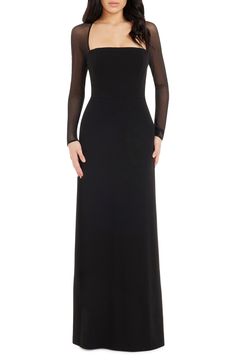 Add an air of elegant sophistication to the party proceedings with a chic gown set with sheer sleeves and a romantically squared neckline. 60 1/2" length (size Small) Hidden back zip; keyhole with button-and-loop closure Square neck Long sleeves Partially lined 96% polyester, 4% spandex Machine wash, dry flat Imported Luxury Square Neck Gown For Women, Black Square Neck Dress Long, Black Long Sleeve Square Neck Dress, Long Black Dress Long Sleeve, Luxury Black Square Neck Maxi Dress, Black Square Neck Dress With Gathered Sleeves, Black Gowns, Square Neck Long Sleeve, Squared Neckline