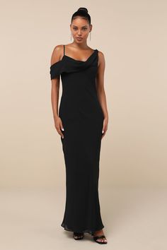 Black Asymmetrical Maxi Dress - Cowl Neck Dress - Black Gown - Lulus Pre-draped Spaghetti Strap Formal Dress, Fitted One Shoulder Chiffon Dress With Asymmetrical Neckline, Fitted One-shoulder Chiffon Dress With Asymmetrical Neckline, Asymmetrical Pre-draped Evening Dress For Prom, Pre-draped Asymmetrical Evening Dress For Prom, Evening Asymmetrical Chiffon Dress, Elegant Asymmetrical Evening Dress For Prom, Fitted Chiffon Asymmetrical Party Dress, Asymmetrical Chiffon Dress For Night Out