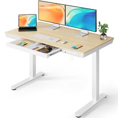 a computer desk with two monitors on it