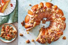 a bundt cake on a plate with a slice cut out and another half eaten