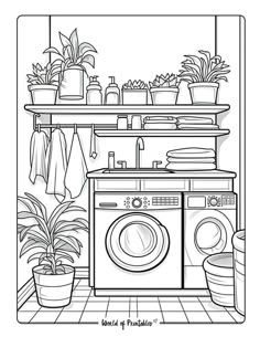 a washer and dryer in a room with potted plants on the shelf