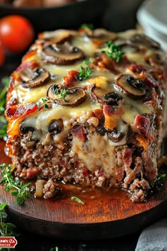 bacon mushroom swiss meatloaf Mushroom Meatloaf Recipes, Mushroom Meatloaf, Bacon And Mushroom, Beef Meatloaf Recipes, Meatloaf Recipes Healthy, Savory Bacon, Garlic Chicken Pasta, Cajun Shrimp Recipes, Bacon Mushroom