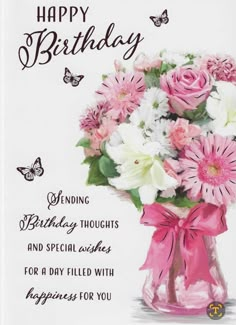 a birthday card with pink and white flowers in a vase