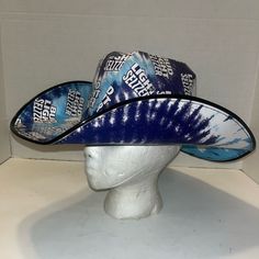 Great Upcycled Style Cowboy Hat One Size Fits Most. Blue Flat Brim Bucket Hat One Size, Blue Flat Brim Bucket Hat, Blue Cap For Rodeo, Casual Blue Hats For Rodeo, Trendy Blue Hat For Rodeo, Trendy Blue Flat Brim Bucket Hat, Blue Rodeo Hat With Curved Brim, Blue Curved Brim Hat For Rodeo, Blue Short Brim Hat For Rodeo