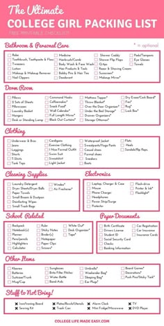 the ultimate college girl packing list is shown in pink and white, with text overlaying