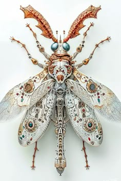 an intricately designed insect with many different colors and patterns on it's wings