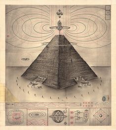 a black-and-white artwork depicting a pyramid with frequencies emitting from symbols on top Sacred Sites, Arte Alien