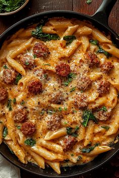 a skillet filled with pasta, meatballs and spinach on top of a wooden table