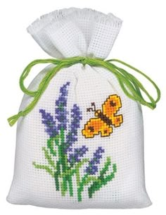 a cross - stitch bag with lavenders and a butterfly on it's side