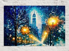 a painting on the wall of a city street with lights and trees in the snow