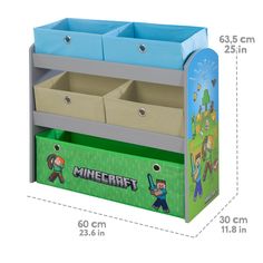 a toy storage unit with three bins and two dividers on the bottom shelf