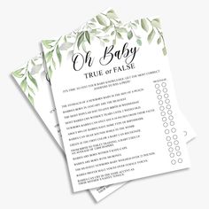 the oh baby true of false game is shown on top of two folded cards with green leaves