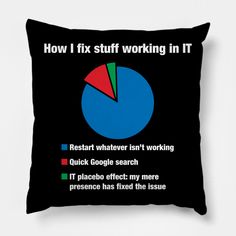 a black pillow with a pie chart on it that says how i fix stuff working in it