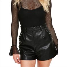 Faux Leather Studded Shorts. Measurements: Waist: 14”, Inseam: 3”. Size Medium Faux Leather Shorts For Fall, Fall Faux Leather Shorts, Edgy Short Bottoms For Club, Edgy High-waisted Shorts For Club, Chic Faux Leather Shorts For Night Out, Chic Club Shorts For Spring, Fall High-waisted Faux Leather Shorts, Trendy Party Shorts For Fall, Fall Faux Leather High-waisted Shorts