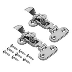 two chrome steel cabinet door latches with screws on each side and an assortment of screws