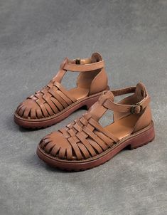 Genuine Leather Hollow Breathable Woven Fishermen Sandals — Obiono Vintage Sandals With Buckle Closure And Flat Heel, Brown T-strap Sandals With Leather Footbed And Closed Toe, Brown Closed Toe T-strap Sandals With Leather Footbed, Vintage Slip-on Sandals With Buckle, Vintage Slip-on Sandals With Buckle Closure, Brown Closed Toe T-strap Sandals, Casual Brown T-strap Sandals With Buckle Closure, Casual Brown T-strap Sandals With Buckle, Summer Buckle Closure Huarache Sandals With Round Toe