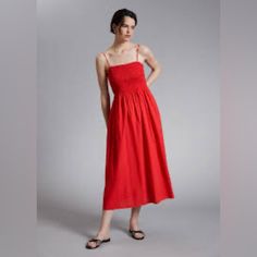 Stunning Red Color! & Other Stories Women's Red Smocked Bodice Maxi Dress. Brand New With Tag. Casual Smocked Dress With Ruched Bodice For Daywear, Casual Smocked Dress With Ruched Bodice, Casual Smocked Dress With Ruched Bodice For Day Out, Fitted Red Smocked Casual Dress, Fitted Red Smocked Dress Casual Style, Casual Red Fitted Smocked Dress, Casual Fitted Red Smocked Dress, Red Midi Dress With Smocked Back For Summer, Red Fitted Smocked Dress With Ruched Detail