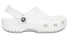 Slip into your favorite clog and enjoy a custom fit, water-friendly design and ventilated forefoot for breathability.  Crocs trade  Classic Details:    Ventilation ports add breathability and help water and debris drain away.  Water-friendly and buoyant  weighs only ounces.  Fully molded Croslite trade  material for signature Crocs comfort.  Heel strap offers a secure fit.  Odor-resistant, easy to clean, and quick to dry.  Lightweight, non-marking soles.  Fit style: Roomy � generous in length an Camp Shoes, Crocs Shoes For Men, Shoe Rotation, Crocs Slippers, White Crocs, Beach Wedding Sandals Barefoot, Blue Wedding Shoes, Pretty Shoes Sneakers, Satin Shoes