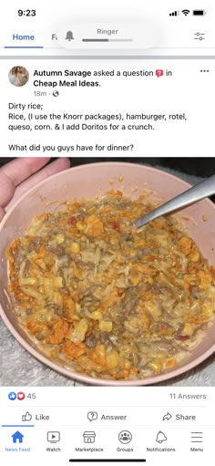 a pink bowl filled with food sitting on top of a counter next to an instagram page