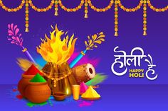 happy holi with colorful powders and fire on purple background for holi day