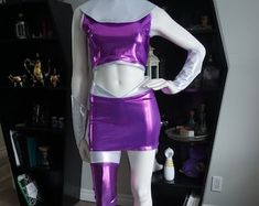 Grape Purple Holographic Sleeveless Turtle Neck Crop Top & | Etsy Fitted Metallic Shiny Crop Top, Metallic Shiny Fitted Crop Top, Stretch Crop Top For Cosplay, Metallic Fitted Disco Crop Top, Fitted Pink Rave Crop Top, Pink Fitted Rave Crop Top, Fitted Pink Crop Top For Rave, Fitted Crop Top For Summer Costume Party, Teen Titans Cosplay