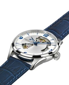 Hamilton's Jazzmaster watch balances tradition with ingenuity. Swiss-made with automatic movement. Style #H32705651 Hamilton Jazzmaster, Leather Strap Watch, Open Heart, Swiss Made, Blue Leather, Jaeger Watch, Leather Straps, Pick Up, Buy Online