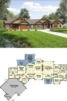 the front and back views of this house plan are shown in two separate sections, one with