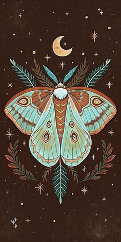 a painting of a moth with leaves and stars on it's wings, in the night sky