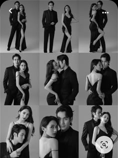 black and white photos of people in formal wear, posing for the camera with their arms around each other