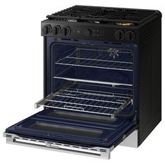 an oven with the door open and two burners on it's side, in front of a white background