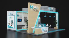 an exhibition stand with a white and blue design