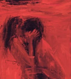 an abstract painting of two people embracing each other in red and black colors, with one woman's face obscured by her hands