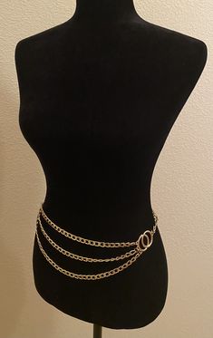 Fashion Gold Triple Chained Belt with side hoops Gold Chain Link Ring Made Of Metal, Gold Metal Chain Link Ring, Trendy Metal Chain Link Ring, Trendy Chain Belt With Strap For Night Out, Chic Double Chain Link Belt, Trendy Chain Print Jewelry For Party, Metal Chain Jewelry For Night Out, Trendy Gold Chain Body Chain For Party, Party Gold Chain Link Waist Chain