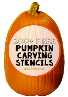 a pumpkin with the words 200 + free pumpkin carving stencils printed on it