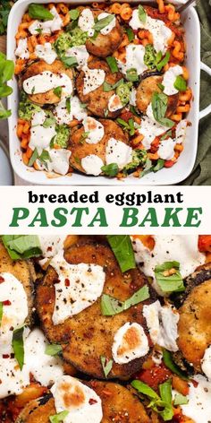 baked eggplant pasta bake in a white casserole dish with spinach and carrots