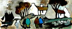 an abstract painting of people walking on a path in front of some trees and houses