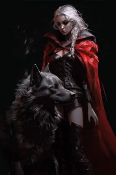 a woman with white hair and red cape standing next to a wolf