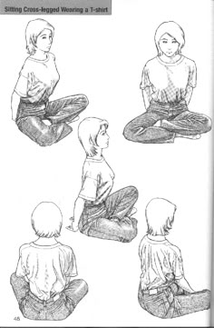 the instructions for sitting cross legged wearing a t - shirt are shown in black and white