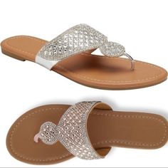 Nwt. New With Tags, Beautiful Sandals. Perfect To Wear With Outfits To Dress Up And This Can Also Easily Be Dressed Down Shoe Features Jewel And Rhinestone Embellishments Flexible Traction Sole Shoe Construction Polyurethane Upper Polyurethane Lining Tpr Outsole Shoe Details Open Toe Slip-On Padded Footbed Snag This !! Silver Rhinestone Toe Post Sandals, Silver Toe Post Sandals With Rhinestones, Silver Sandals With Rhinestones And Flat Heel, Silver Flat Heel Sandals With Rhinestones, Silver Slip-on Party Sandals, Silver Slip-on Sandals For Party, Elegant Silver Flat Sandals, Silver Flat Sandals With Rhinestones, Silver Slip-on Sandals For Beach