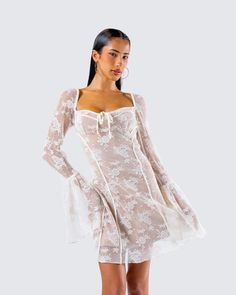 This white lace mini dress will instantly transport you into your very own fairytale ✨ With a sweet and elegant look - this piece is made from plisse lace fabric, and complete with long bell sleeves, and an open back 🤍 Lace Corset Mini Dress, Lace Trend, White Lace Mini Dress, Black Off Shoulder, Corset Mini Dress, Long Bell Sleeves, Lace Corset, Pink Sequin, Sequin Mini