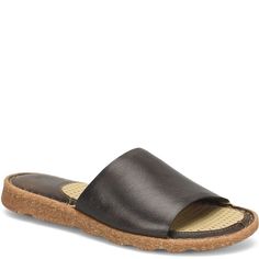 Playa Basic | Born Shoes Classic Leather Footbed Sandals For Vacation, Casual Leather Mules For Beach, Natural Leather Open Toe Mules, Brown Slides With Textured Sole, Brown Textured Sole Slides, Casual Beach Slides With Leather Sole, Natural Leather-lined Sandals For Beach, Classic Beach Mules With Leather Footbed, Open Toe Beach Slides With Stitched Sole