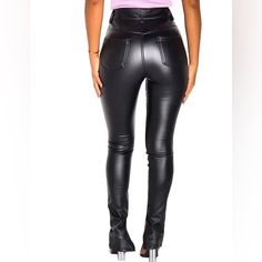 Elevate Your Fashion Game With These Sleek Black Vegan Leather Pants. The Flared Leg Style Adds A Touch Of Vintage Glamour, While The Ankle Length Keeps It Modern. Perfect For Any Occasion, These Pants Are Made Of High-Quality Materials That Ensure Comfort And Durability. The Supple Leather Material And The Black Color Create A Timeless Look That Never Goes Out . Chic High Waist Leggings With Pockets, High Waist Stretch Leather Pants With Pockets, Non-stretch High Waist Leather Pants, High Rise Bottoms With Pockets For Night Out, Chic Non-stretch Leather Pants With Pockets, Trendy High Rise Pants For Night Out, Chic High Rise Pants For Night Out, Mid-rise Bottoms For Party In Fall, High-waist Bottoms For Date Night