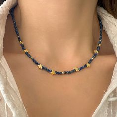 Lapis lazuli choker! A Seed bead choker with genuine lapis lazuli and little stars. A unique Tiny stars necklace  ✔️Genuine Lapis Lazuli Necklace✔️ High-Quality  925 Sterling Silver Available with a  24K Gold  Finish This blue lapis necklace is great for wearing alone or for layering with other necklaces. It is the perfect gift for your girlfriend, sister, bridesmaids, or even yourself! Made by hand in Greece.     👉A few words about Genuine Lapis Lazuli. Lapis Lazuli is one of the most sought-a Choker Necklace Beaded, Word Bead Necklace, Necklace From Beads, Layered Seed Bead Necklace, Beaded Star Necklace, Star Bead Necklace, Star Beaded Necklace, Diy Seed Bead Bracelet Tutorials, Necklace Designs Beads