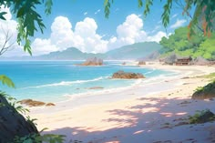 a painting of a beach with trees and water