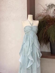 Cute A line Halter Ruffled Floral Blue Women's Long Vacation Dresses S – SweetDress Empire Waist Prom Dress Long, Light Blue Beach Dress, Vintage Blue Dress 1950s Style, Light Blue Dresses Aesthetic, Ruffle Slip Dress, Under The Sea Homecoming Theme Dress, Deep Sea Inspired Fashion, Casual Pretty Dresses, Long Dresses Flowy