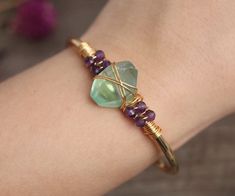 Green Spiritual Bangle As A Gift, Spiritual Green Bangle As A Gift, Spiritual Fluorite Bracelets As Gift, Spiritual Fluorite Bracelets For Gifts, Bohemian Purple Bangle, Handmade Fluorite Beaded Bracelets As Gift, Adjustable Fluorite Bohemian Jewelry, Handmade Spiritual Fluorite Bracelets, Adjustable Bohemian Fluorite Jewelry