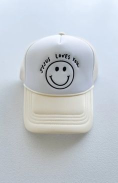 Embroidered "Jesus loves you" snapback trucker hat 100% polyester foam front 100% nylon mesh back Trendy Embroidered Trucker Hat, Jesus Accessories, Customizable Cute Snapback Trucker Hat, Jesus Merch, Jesus Christ Hats, Outfit Ideas Sweatshirt, Cute Trucker Hats With Patches, Jesus Trucker Hat, Jesus Christ Illustration